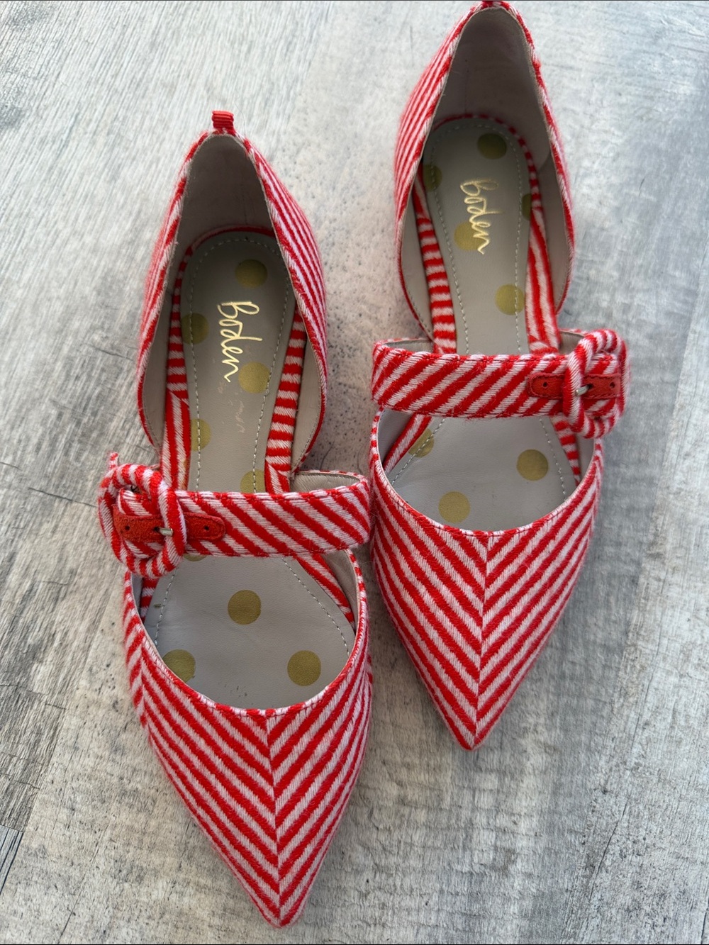 Boden Red & White Striped Pointed Mary Jane Flats with Bow Strap